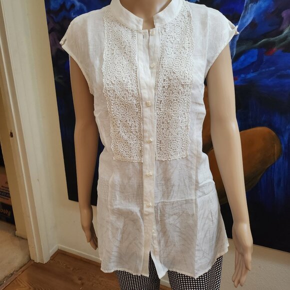 Coldwater Creek Linen Tunic Size M White Lace and Pattern - Picture 7 of 16
